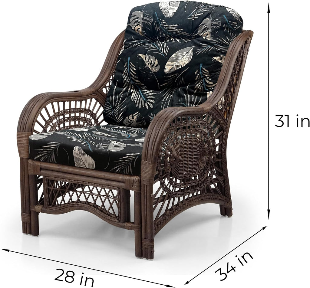 Malibu Lounge Living Accent Armchair Natural Rattan Wicker Handmade Design, Dark Brown with Black Leaf Cushion