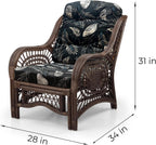 Malibu Lounge Living Accent Armchair Natural Rattan Wicker Handmade Design, Dark Brown with Black Leaf Cushion
