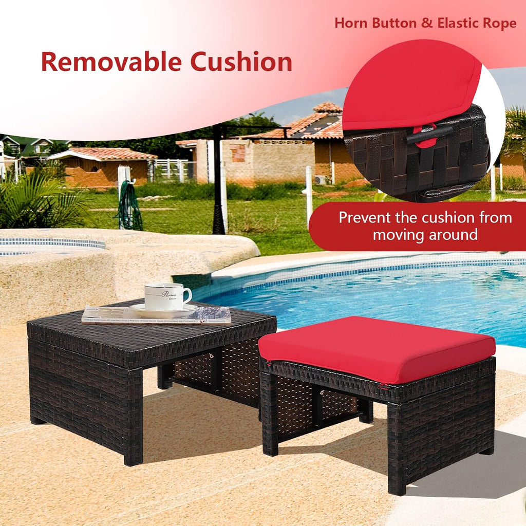 ORALNER Outdoor Ottoman, Set of 2 Wicker Footstools, All-Weather Rattan Foot Stools w/Removable Cushions, Patio Footrest Extra Seating for Porch, Poolside, Garden, Deck, Easy Assembly (Red)