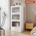 3-Tier Metal Kitchen Storage Cabinet with Drawer, Freestanding Microwaves Rack, Flip-up Acrylic Doors for Living Room & Dining Room, White