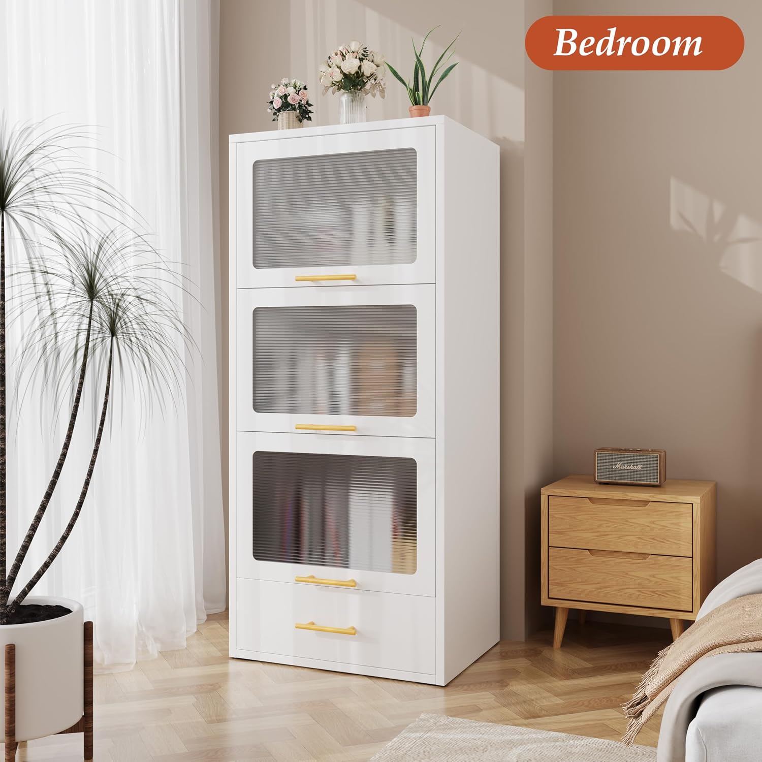 3-Tier Metal Kitchen Storage Cabinet with Drawer, Freestanding Microwaves Rack, Flip-up Acrylic Doors for Living Room & Dining Room, White