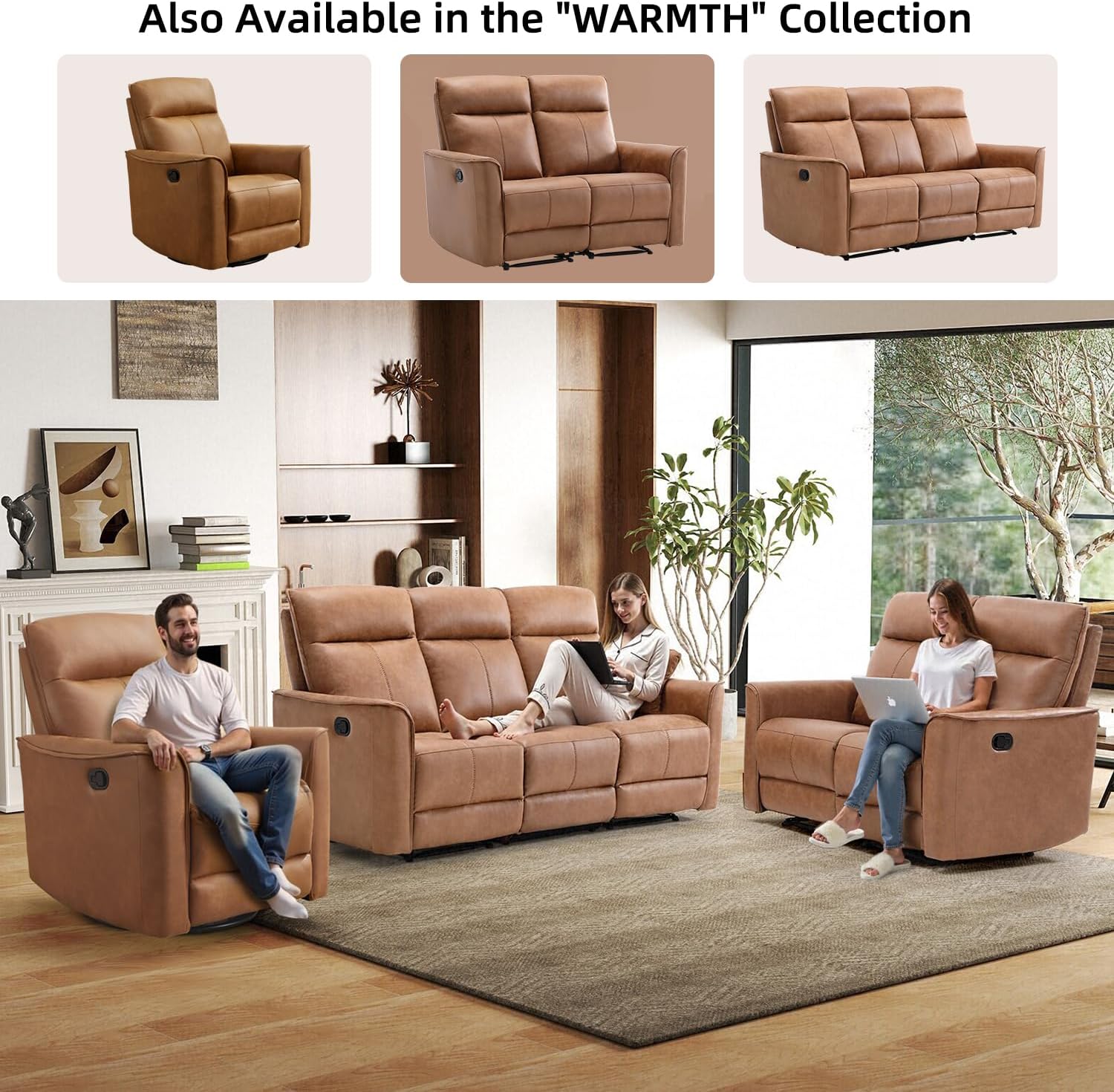 CANMOV Manual Loveseat Recliner Sofa, Wall-Hugger 2 Seat Reclining Love Seat Couches, Leathaire Reclining Sofa Set, Double Seater Recliner Chair for Living Room, Office, Apartment, Brown