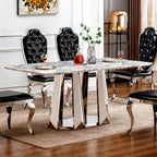 70" Rectangle Faux Marble Luxury Grey Dining Table for 6-8 People, Modern Large Kitchen Table with Silver Mirrored Stainless Steel Leg Base, Dining Table for Dining/Living Room, Office (One Table)