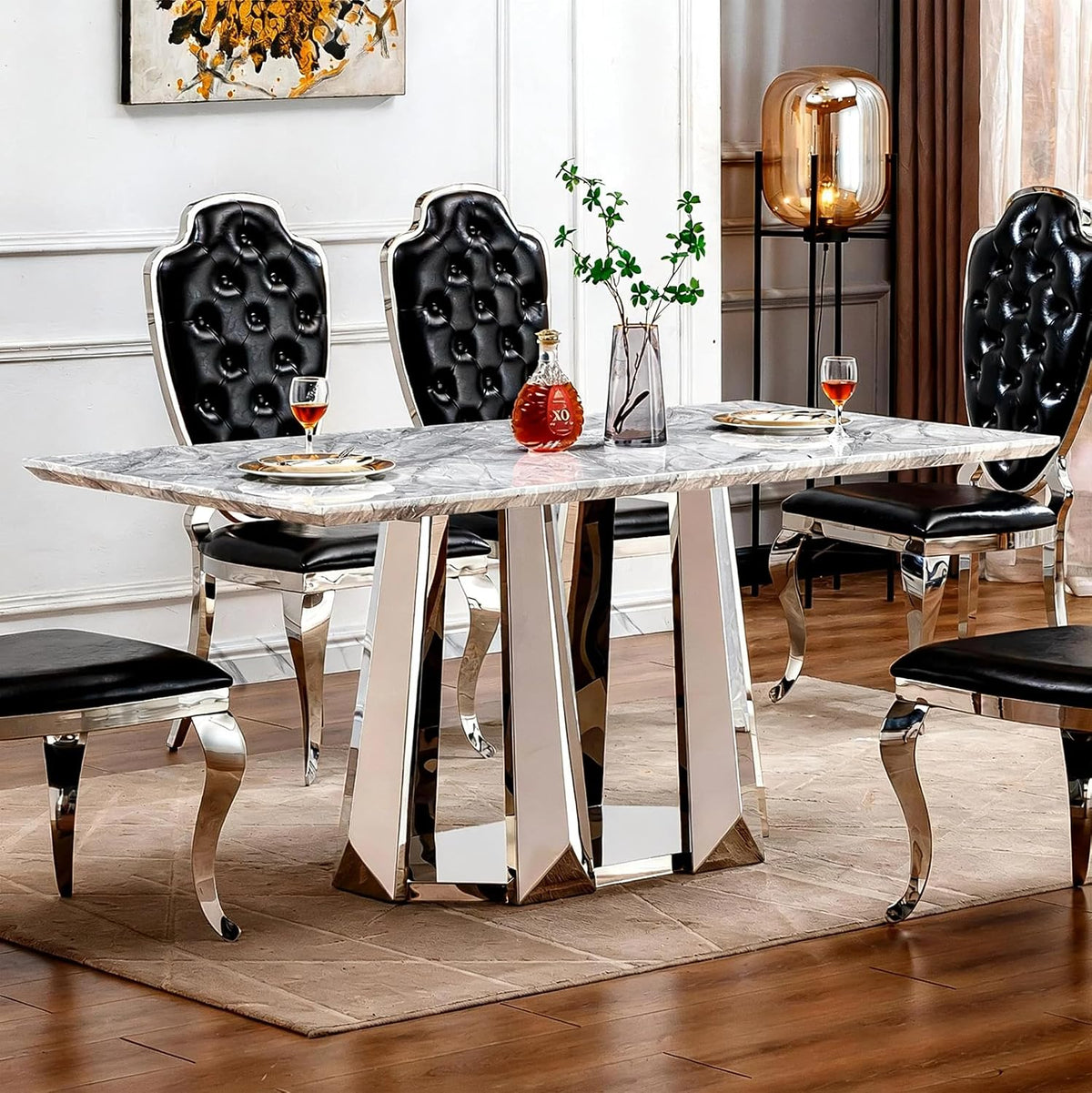 70" Rectangle Faux Marble Luxury Grey Dining Table for 6-8 People, Modern Large Kitchen Table with Silver Mirrored Stainless Steel Leg Base, Dining Table for Dining/Living Room, Office (One Table)