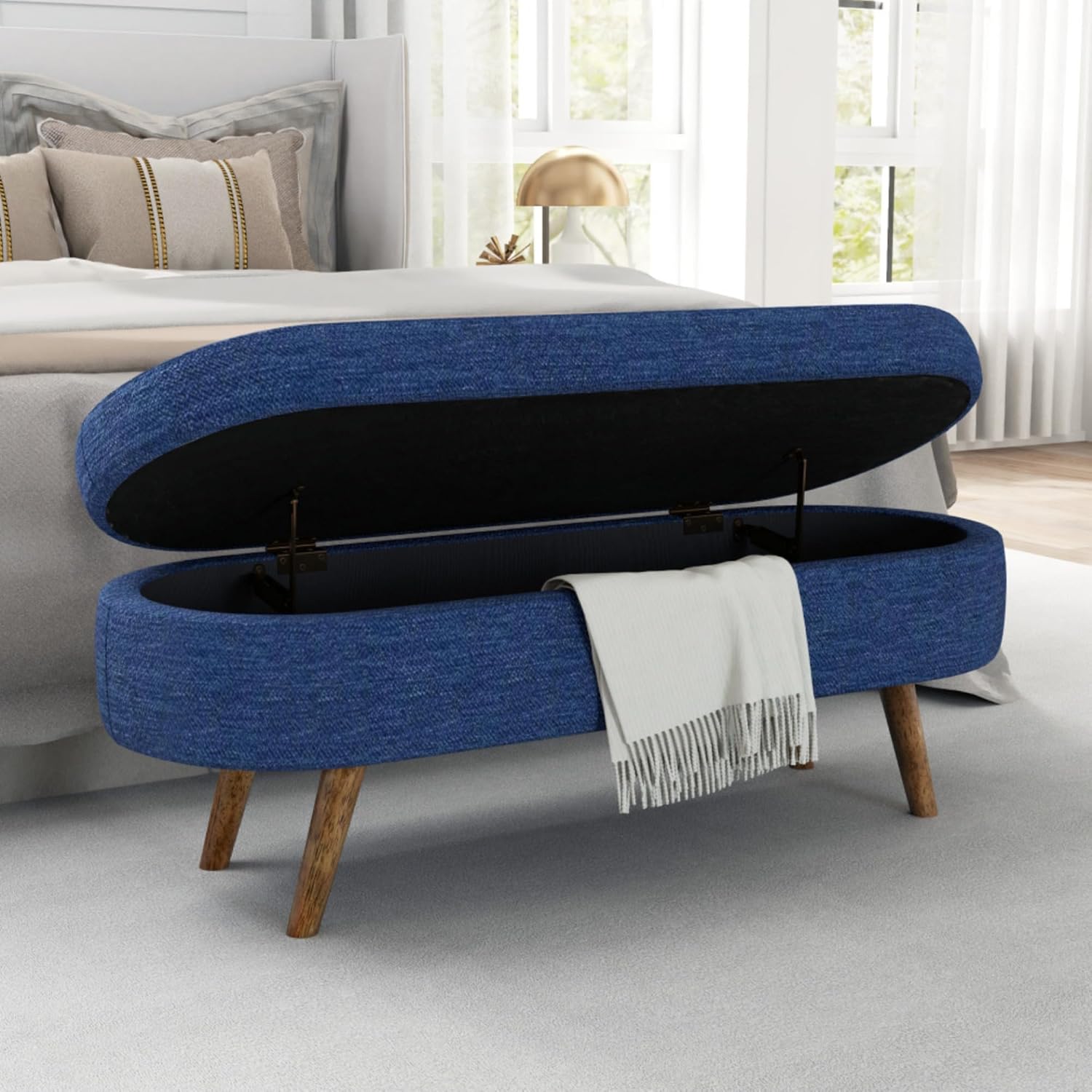 Oval Storage Ottoman Bench with Hidden Storage and Foam Padded Seat, Upholstered Entryway Footstool with Rubber Wood Legs, Decorative Bedroom End of Bed Accent Furniture for Living Room (Blue)