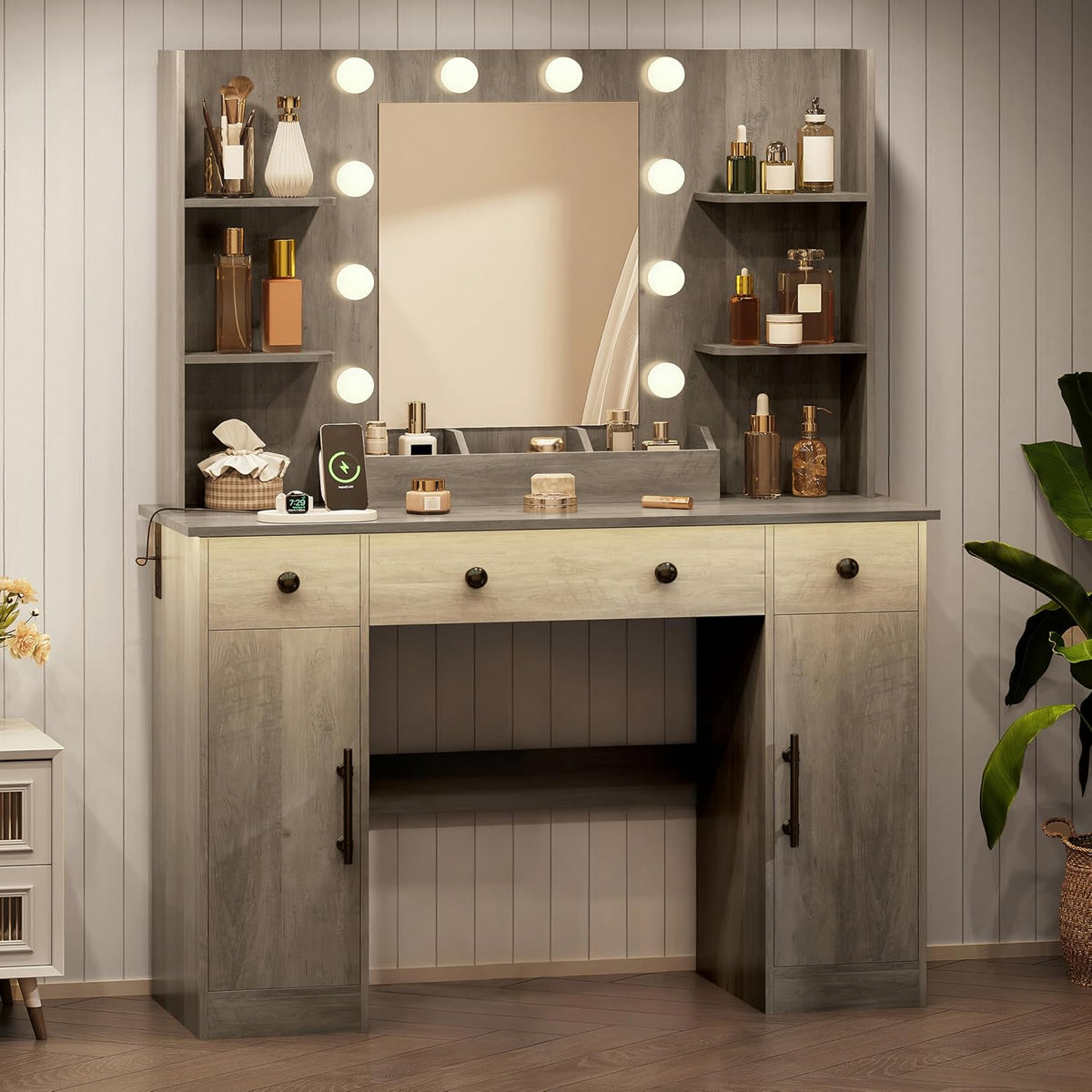 HUANLEGO Vanity Desk with Mirror and Lights, Makeup Vanity with Mirror and LED Lights & Power Outlet, 3 Drawers and Cabinets, 3 Lighting Modes Dressing Table Set for Girls Women Bedroom,Grey