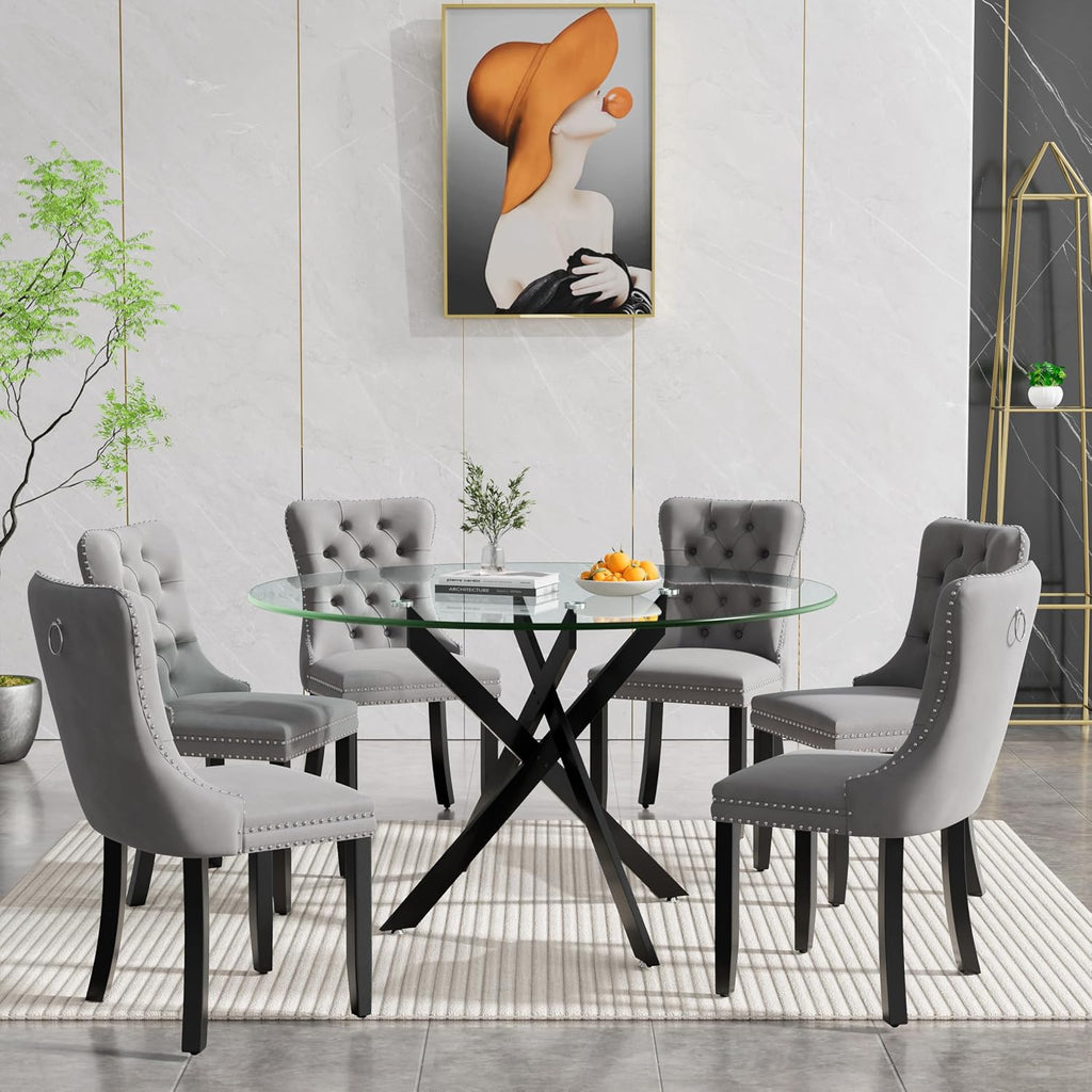 Round Glass Dining Room Table Set for 6, 7-Piece Dining Table Set with 47.2" Circle Black Glass Dinner Table & 6 Grey Velvet Tufted Chairs, Modern Kitchen Table Set for Apartment Home Office