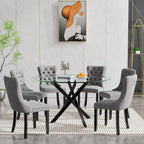 Round Glass Dining Room Table Set for 6, 7-Piece Dining Table Set with 47.2" Circle Black Glass Dinner Table & 6 Grey Velvet Tufted Chairs, Modern Kitchen Table Set for Apartment Home Office