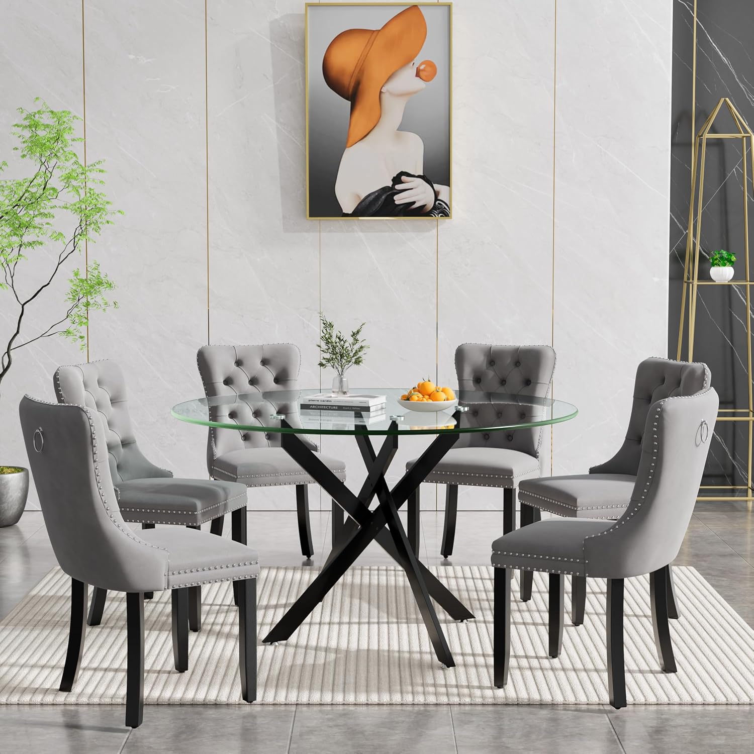 Round Glass Dining Room Table Set for 6, 7-Piece Dining Table Set with 47.2" Circle Black Glass Dinner Table & 6 Grey Velvet Tufted Chairs, Modern Kitchen Table Set for Apartment Home Office