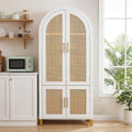 71" Tall Arched Cabinet with Rattan Doors & Adjustable Shelves, White | 4-Door Modern Farmhouse Storage Cabinet with Built-in Racks – Versatile Organizer for Kitchen, Dining Room, Study, Sturdy MDF