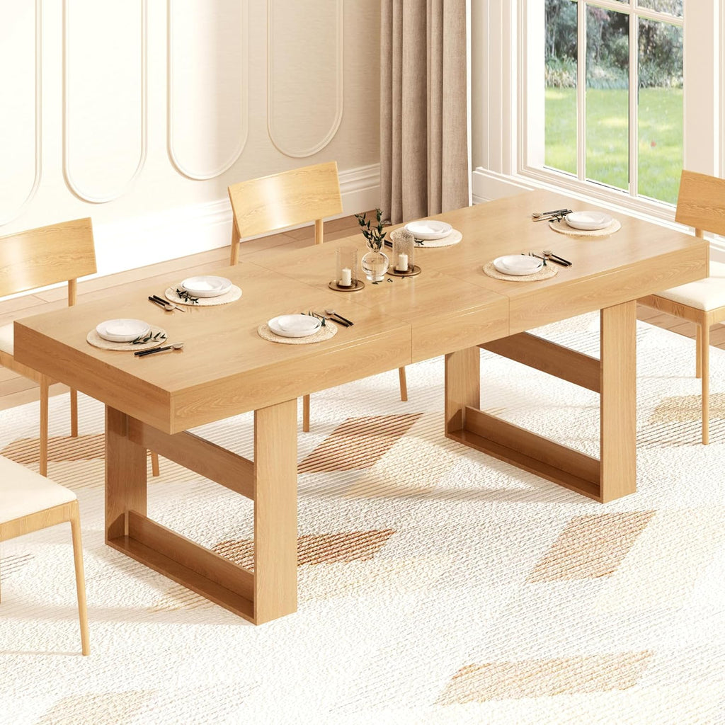 70.9" - 86.6" Extendable Dining Table for 8-10 Person, Modern Expandable Table with U-Shaped Wooden Legs, Dining Table for Dining Room, Kitchen, Living Room, Natural Oak