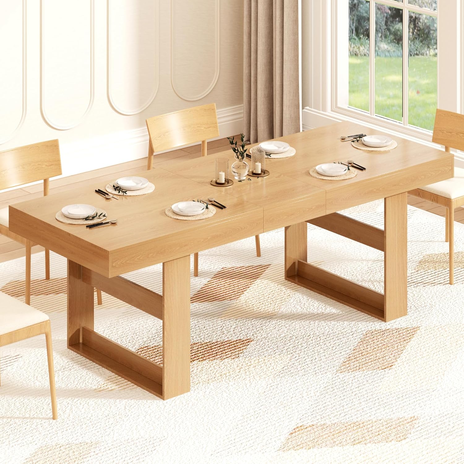 70.9" - 86.6" Extendable Dining Table for 8-10 Person, Modern Expandable Table with U-Shaped Wooden Legs, Dining Table for Dining Room, Kitchen, Living Room, Natural Oak