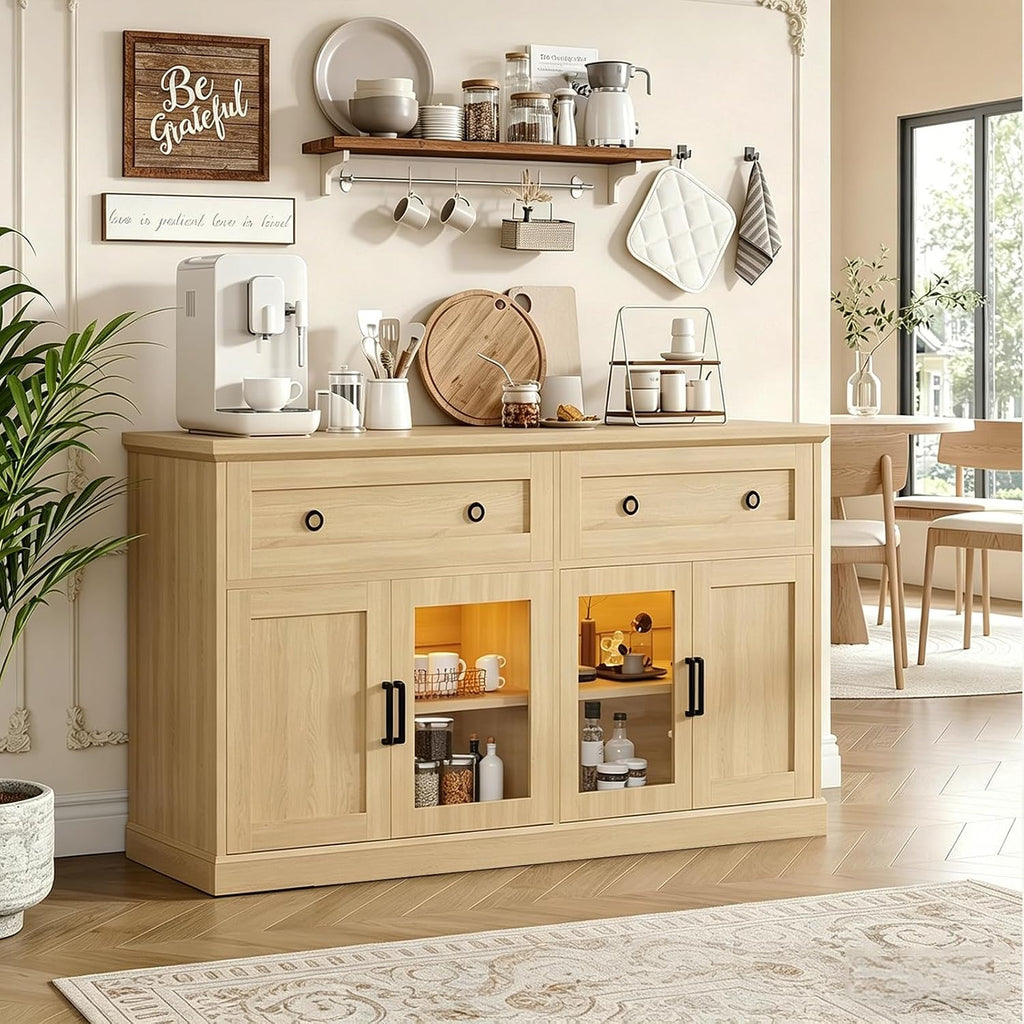 63'' Sideboard Buffet Cabinet with Storage, Modern Storage Cabinet with Outlets & LED Light, 2 Drawers and 4 Doors, Adjustable Shelves, Coffee Bar Cabinets for Kitchen Living Room, Wood