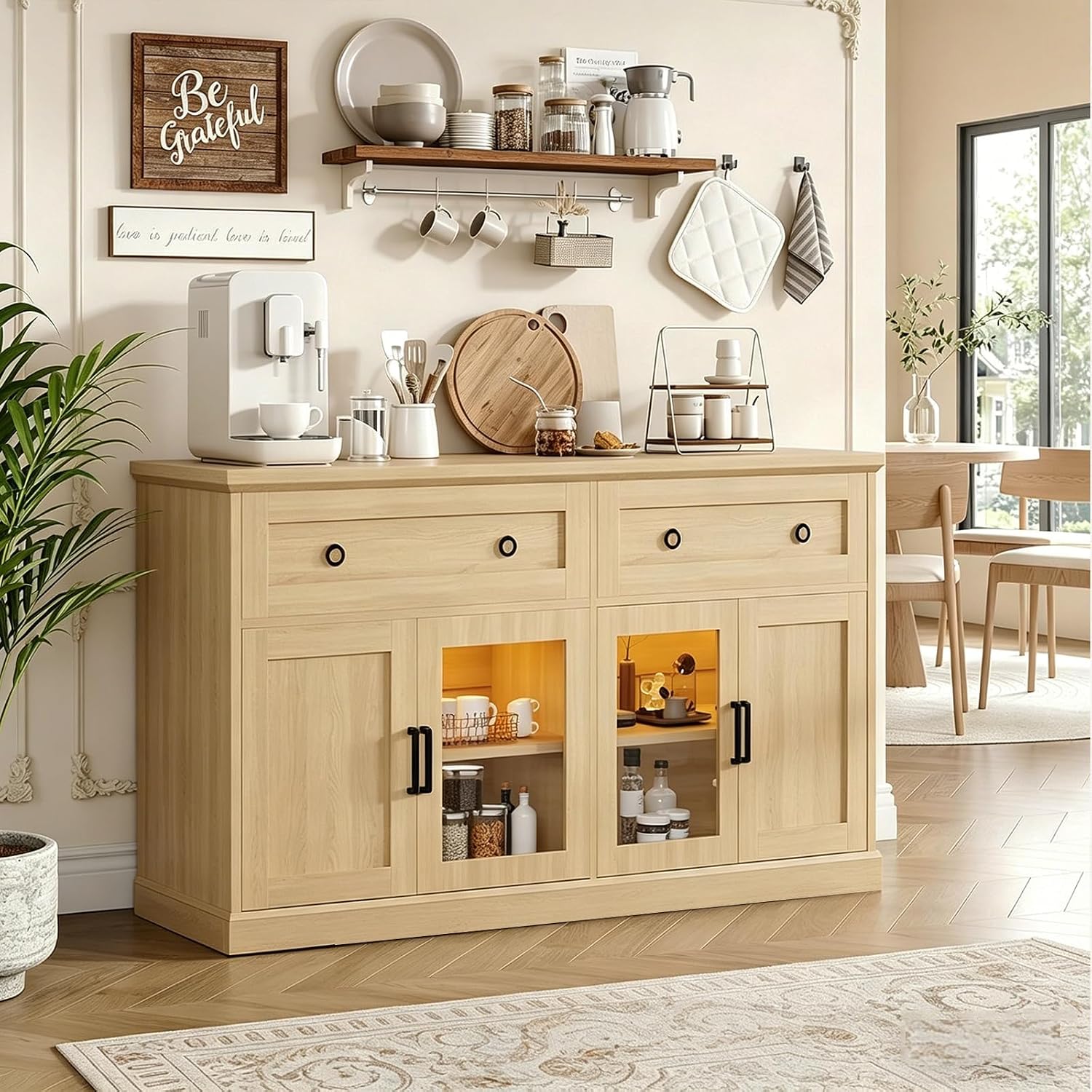 63'' Sideboard Buffet Cabinet with Storage, Modern Storage Cabinet with Outlets & LED Light, 2 Drawers and 4 Doors, Adjustable Shelves, Coffee Bar Cabinets for Kitchen Living Room, Wood