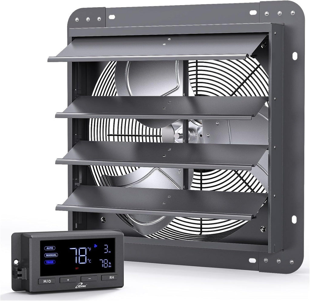 iLiving 14" Wall Mounted Shutter Exhaust Fan, Automatic Shutter, Temperature and Humidity Controls with Variable Speed, 1200 CFM at 1600 RPM DC Motor