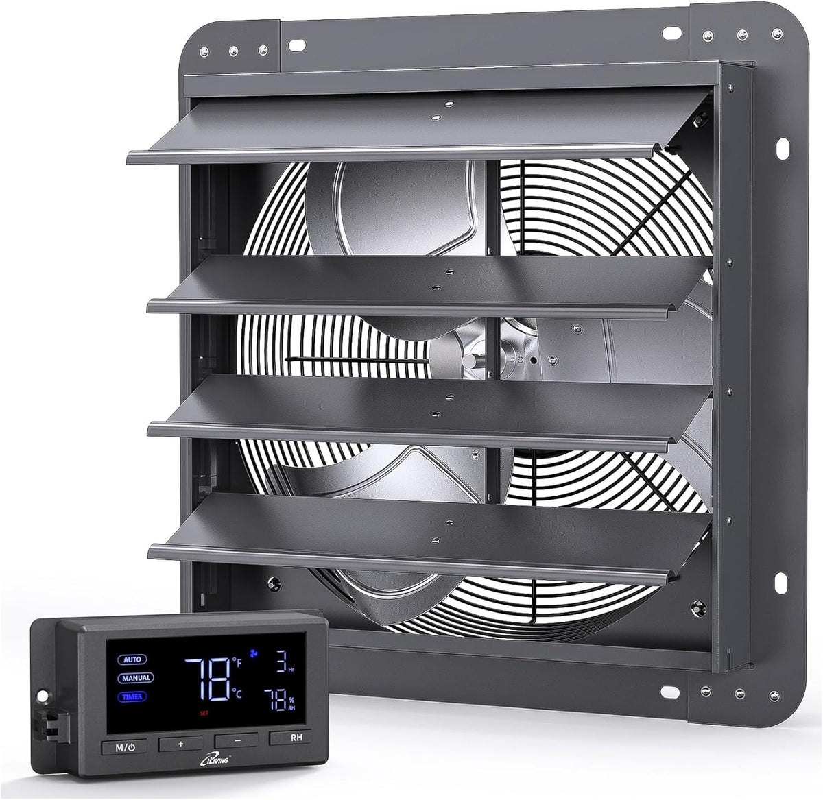 iLiving 14" Wall Mounted Shutter Exhaust Fan, Automatic Shutter, Temperature and Humidity Controls with Variable Speed, 1200 CFM at 1600 RPM DC Motor