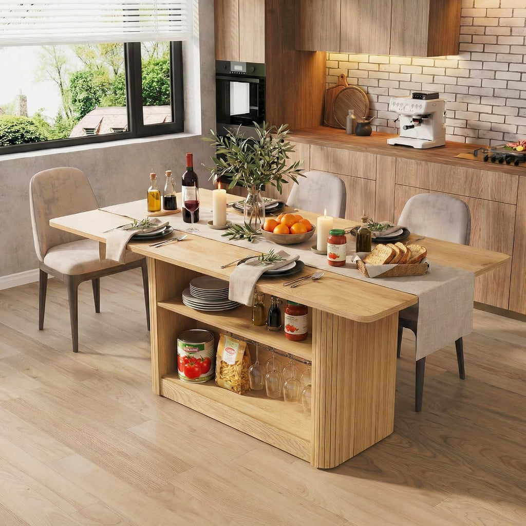 FUQARHY 63" Dining Table with Storage, Fluted Farmhouse Kitchen Table for 6 with 2-Tier Storage Shelf, Rectangular Wood Table