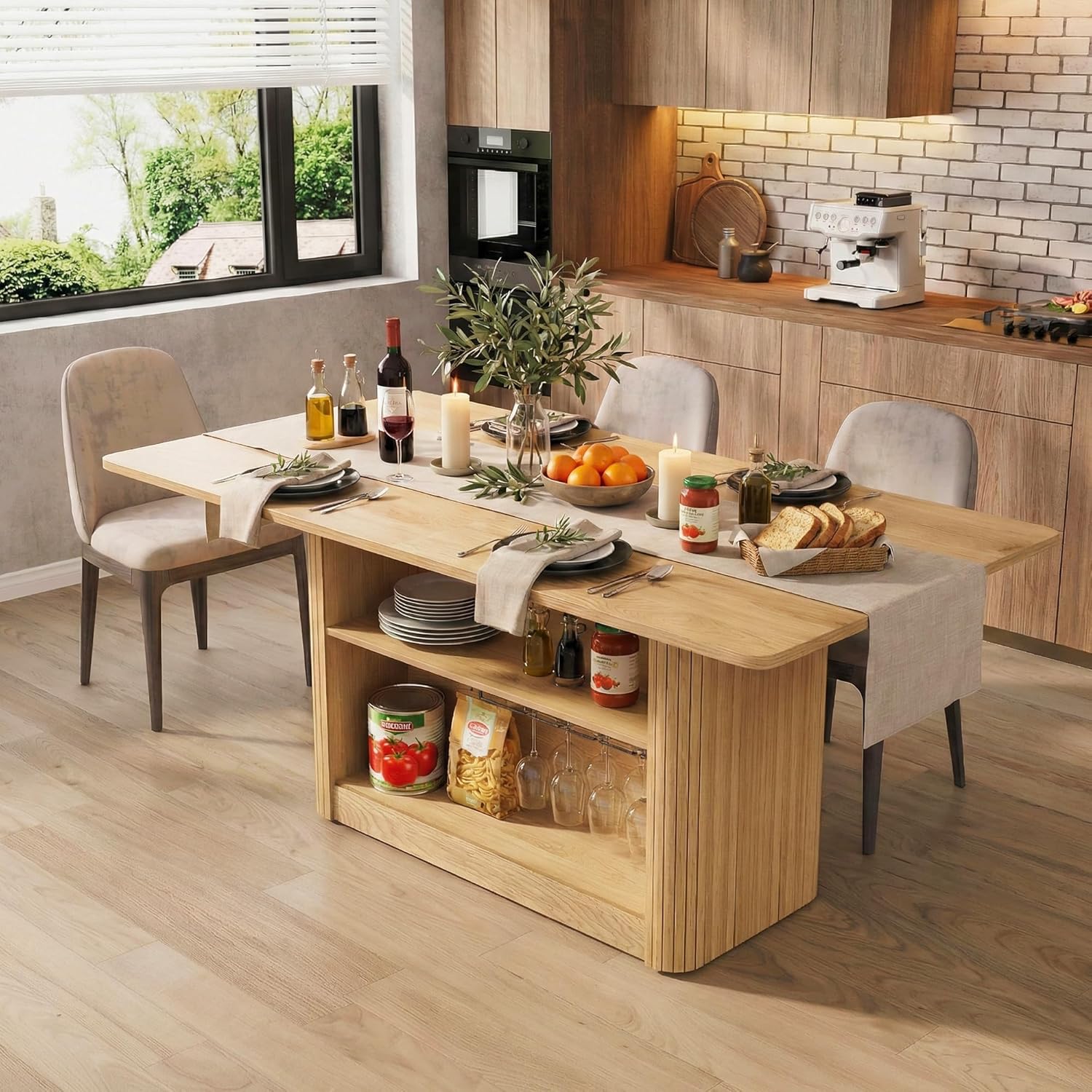 FUQARHY 63" Dining Table with Storage, Fluted Farmhouse Kitchen Table for 6 with 2-Tier Storage Shelf, Rectangular Wood Table