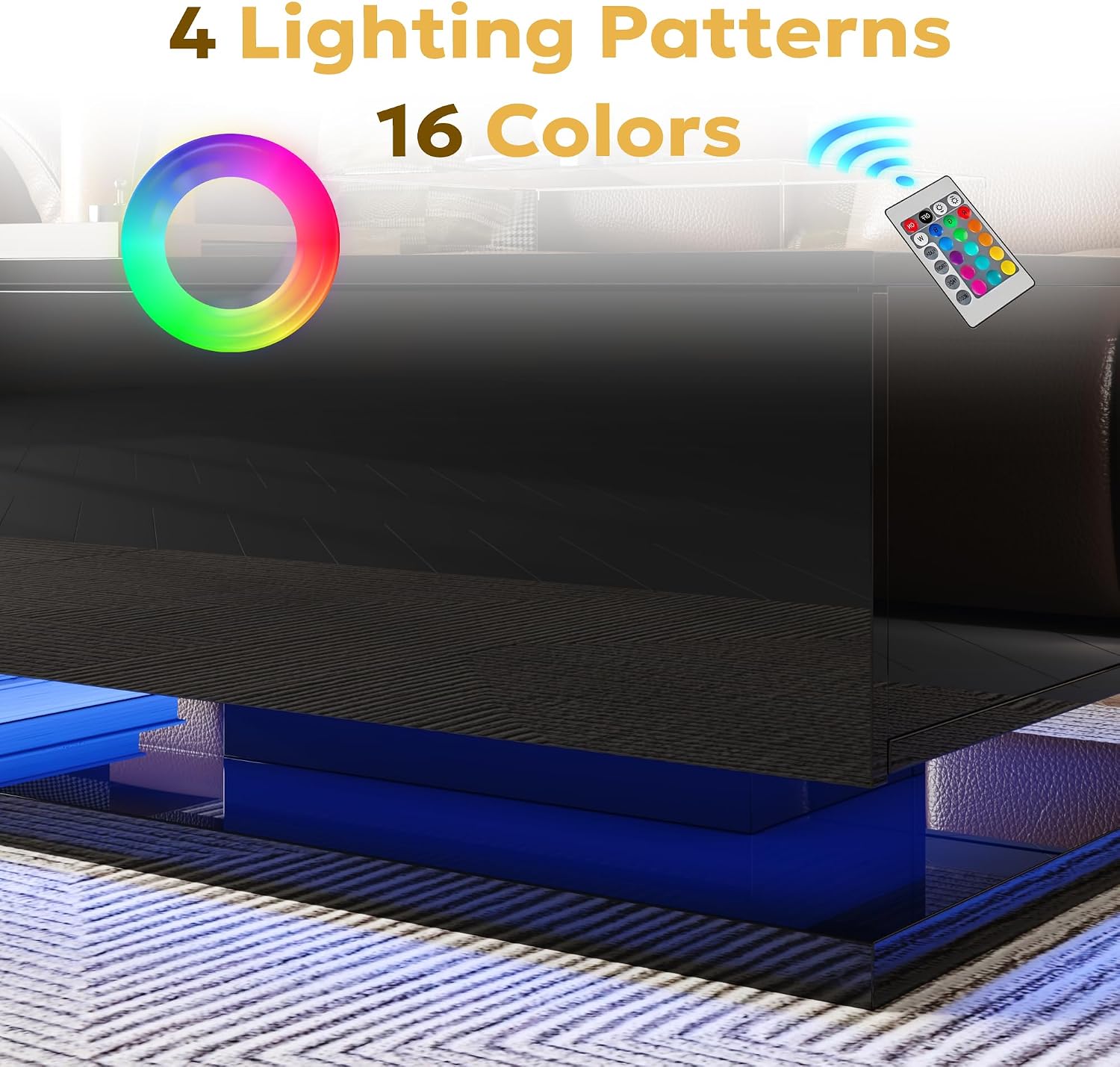 holzart Compact Low-Profile Coffee Table with LED Lights & Storage, 39.4" Small Black High Gloss Modern Center Table with Tempered Glass & Drawer for Small Spaces, Apartments & Gaming