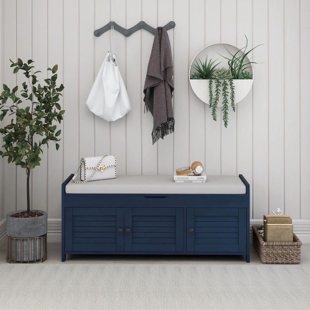 Storage Bench with 3 Shutter-Shaped Doors, Wood Shoe Bench with Removable Cushion and Hidden Storage Space for Entryway, Living Room, Hallway 43.5" L*16" W*18" H Antique Navy