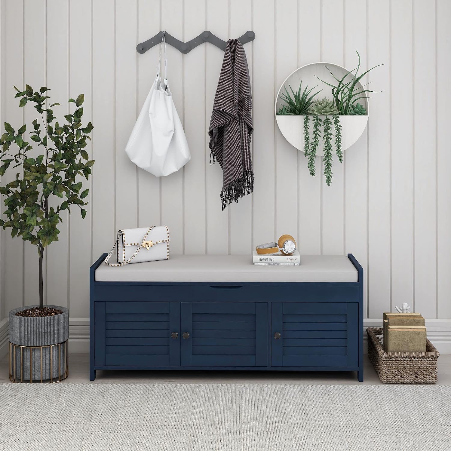 Storage Bench with 3 Shutter-Shaped Doors, Wood Shoe Bench with Removable Cushion and Hidden Storage Space for Entryway, Living Room, Hallway 43.5" L*16" W*18" H Antique Navy