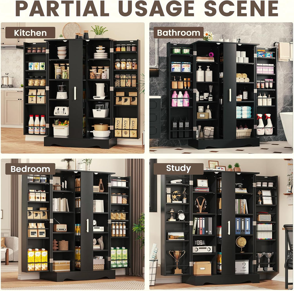 kepptory 47" Kitchen Pantry, Farmhouse Storage Cabinet with Barn Doors, Organizer, Pantry Cabinet with Lock Door and Adjustable Shelves, Rustic Wood Cupboard for Kitchen, Dining Room, Bathroom, Black