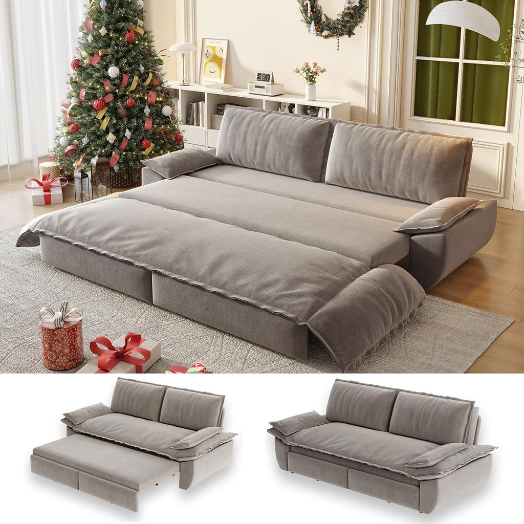 70.1" Sleeper Sofa Bed Queen Size, Pull Out Convertible Velvet Couch, Grey | 3-in-1 Sofa, Recliner & Bed, Removable Cover, Comfort Pillow Arm, for Narrow Doors, Living Room, Small Space, Apartment & RV