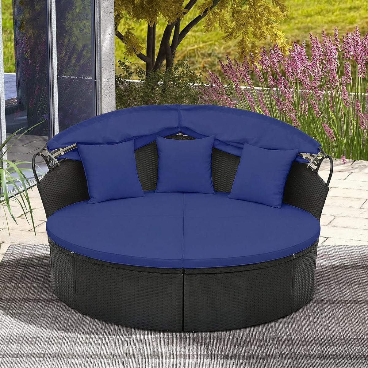 RELAX4LIFE Round Outdoor Daybed with Canopy - Wicker Sectional Sofa Sunbed w/Cushions & 3 Pillows, Rattan Clamshell Conversation Lounger Separated Seating Set for Garden Porch, Patio Day Bed (Navy)