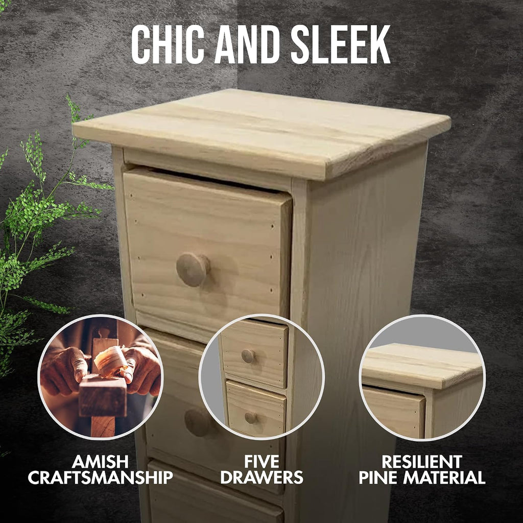 Peaceful Classics Skinny Drawers Cabinet - 5 Storage Drawers for Living Room, Kitchen, or Bathroom Amish Furniture Wood Cabinet, 10.75x10x37 inches (Unfinished)
