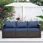 Rattaner 3-Seat Patio Wicker Sofa, Outdoor Rattan Couch Furniture Steel Frame with Furniture Cover and Deep Seat High Back, Blue Anti-Slip Cushion.