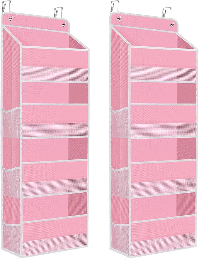 2 Pack Over The Door Organizer Hanging Storage Organizers with Clear Window 40lb Large Capacity Room Organizer for Pantry Laundry Bathroom Nursery Closet(Pink)