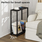 Homleke Narrow Side Table with Magazine Holder, Skinny End Table Perfect for Small Spaces, Space-Saving Design for Living Room, Bedroom, or Office, 7.1" D x 16.9" W x 23.6" H, Black