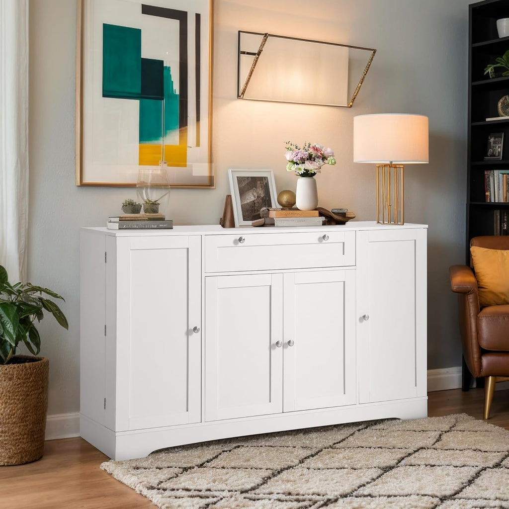 TITIMO 54" Sideboard Buffet Cabinet with Storage, Farmhouse Kitchen Storage Cabinets with Drawer, Wood Coffee Bar Cabinet with Adjustable Shelves, Pantry Cabinets for Living Room (White)