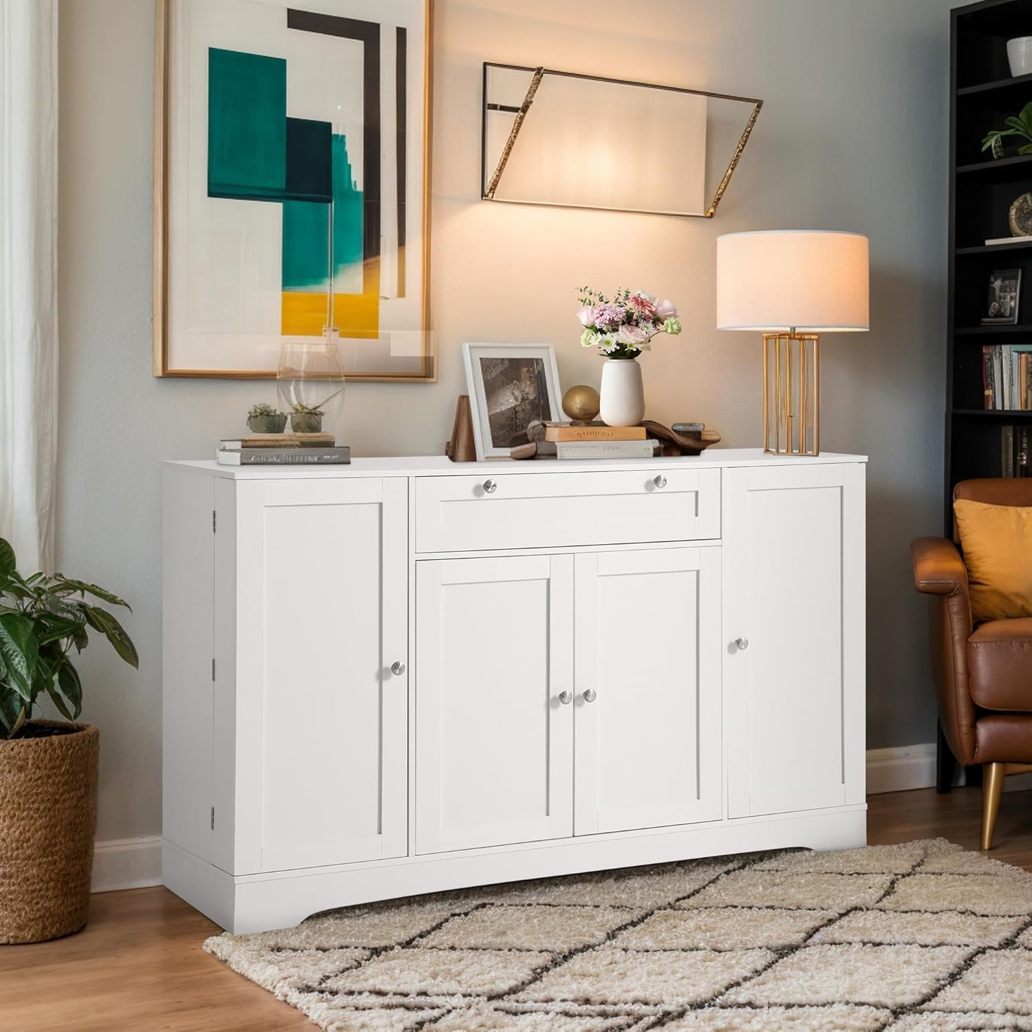 TITIMO 54" Sideboard Buffet Cabinet with Storage, Farmhouse Kitchen Storage Cabinets with Drawer, Wood Coffee Bar Cabinet with Adjustable Shelves, Pantry Cabinets for Living Room (White)