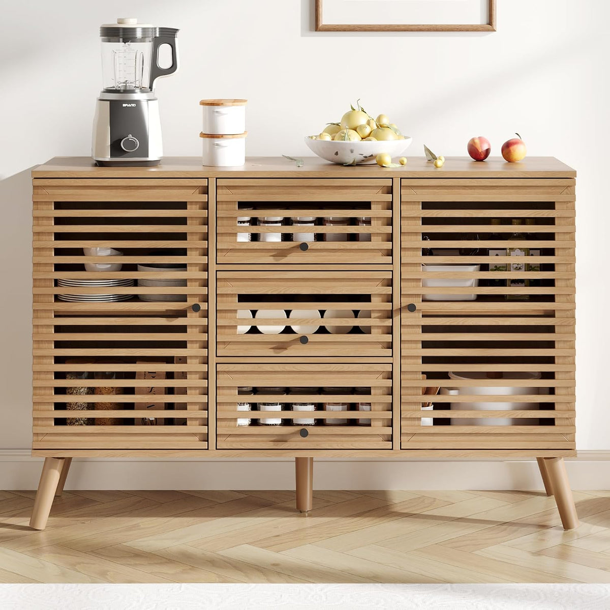 Furnify Buffet Cabinet with Slatted Doors, 47" W Sideboard Buffet with Drawers, Modern Mid Century Accent Storage Cabinet for Living Room, Entryway, Kitchen, Oak