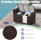 RELAX4LIFE Wicker Outdoor Storage Bench - 68 Gallon Rattan Deck Box w/Side Handles & Soft Cushion for Pillows, Garden Tools, Pool Accessories, Sports Equipment, Patio Bench with Storage for Porch