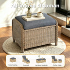 Patio Ottomans Set of 2 with 3.6" Thick Cushions, Wicker Outdoor Couch Extension Set, Wicker Footstool All-Weather Rattan Seating Accessory for Backyard Furniture
