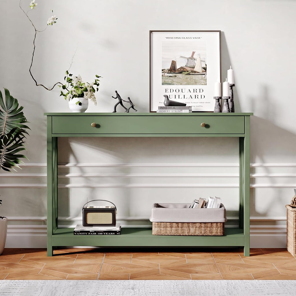 Treocho 40" Farmhouse Console Table with Drawer and Storage Shelves | Entryway, Living Room, Hallway, Antique, Green