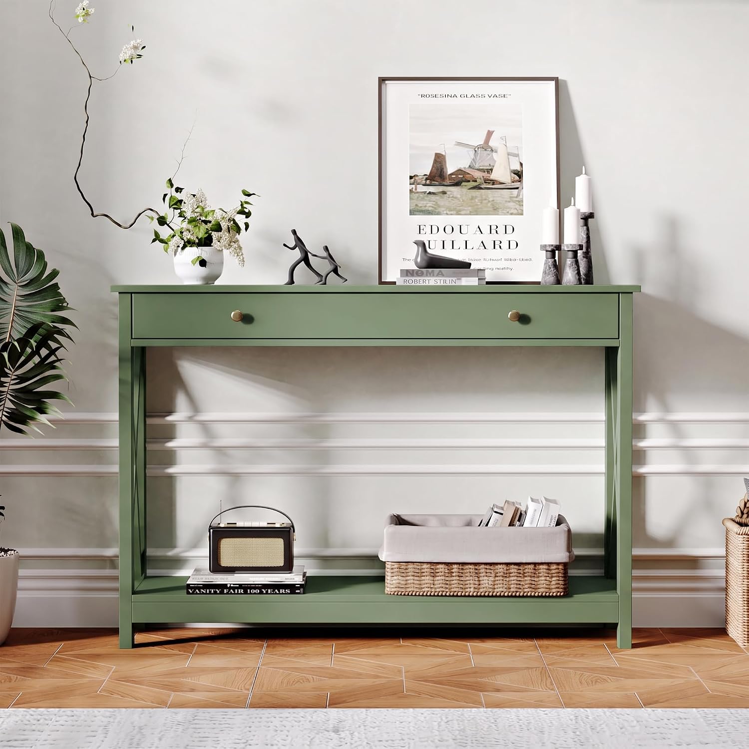 Treocho 40" Farmhouse Console Table with Drawer and Storage Shelves | Entryway, Living Room, Hallway, Antique, Green