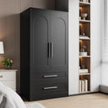 iPormis Wooden Armoire Wardrobe Closet with 2 Drawers, Clothing Storage Cabinet with Shelves Aluminum Hanging Rod, Wardrobe Storage with Strong Door Closure, Modern Bedroom Clothing Armoires, Black