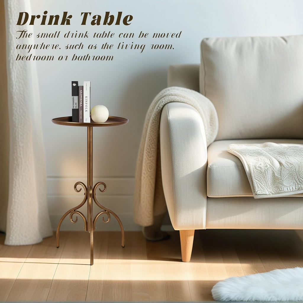 Round Side Table, Small Metal Drink Table for Small Spaces, Modern Martini Table for Living Room, Bedroom, Corners, and Office (Antique Brass)