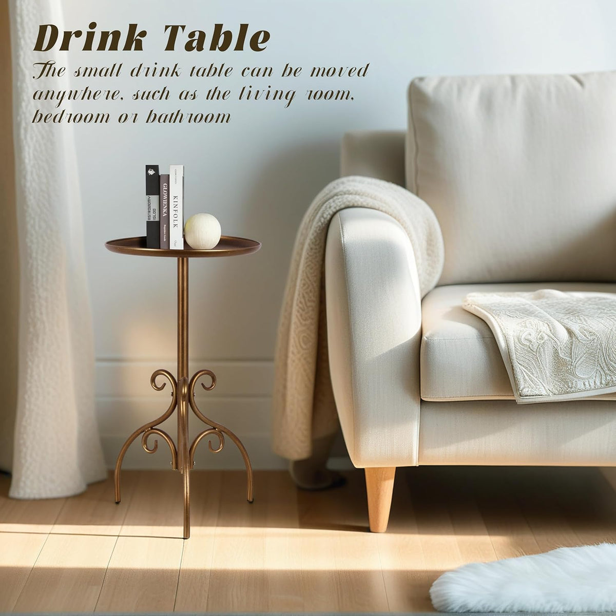 Round Side Table, Small Metal Drink Table for Small Spaces, Modern Martini Table for Living Room, Bedroom, Corners, and Office (Antique Brass)