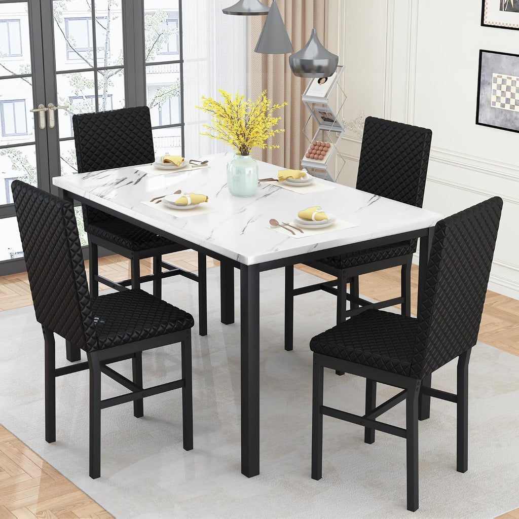 Recaceik Dining Table Set for 4, Faux Marble Kitchen Table and Chairs Set of 4, Modern Dining Room Table with Velvet Dinner Chairs, Small Dining Set for Breakfast Nook Small Spaces, White & Black