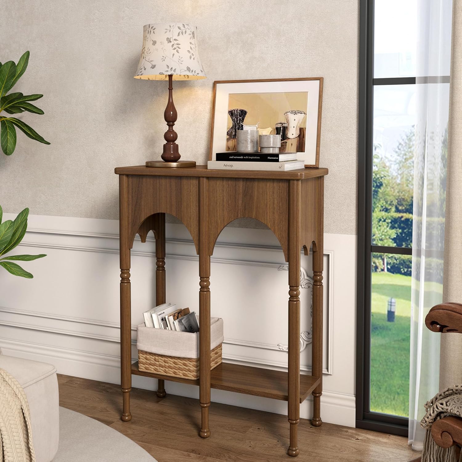 Console Table with Storage Shelf, 28" Retro 2-Tier Entryway Table, Wooden Sofa Table with Roman-Style Legs for Living Room, Hallway, Brown