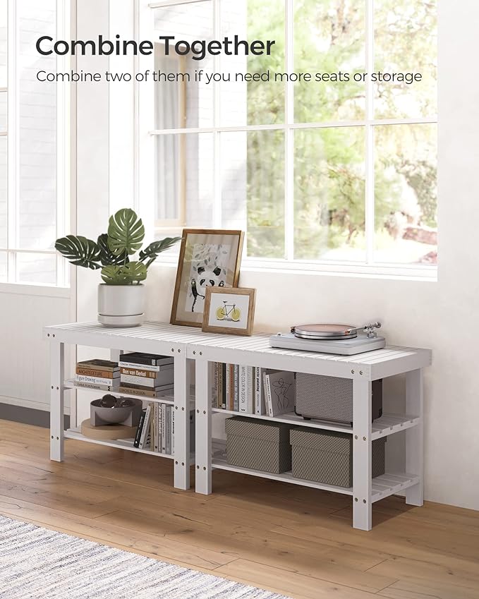 SONGMICS Shoe Rack Bench, 3-Tier Bamboo Shoe Storage Organizer, Entryway Bench, Holds Up to 286 lb, 11.3 x 27.6 x 17.8 Inches, for Entryway Bathroom Bedroom, Cloud White ULBS004W01