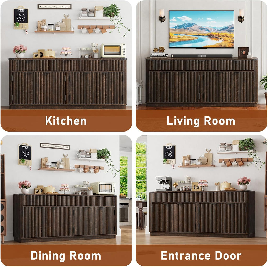 70” Rounded Edge Large Sideboard Buffet Cabinet with 3 Storage Drawers,Farmhouse Kitchen Fluted Sideboard Cabinet w 4 Door Shelves,Wood Coffee Bar Cabinets,Kitchen Pantry (Rustic Brown)
