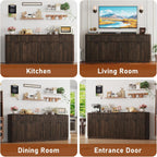 70” Rounded Edge Large Sideboard Buffet Cabinet with 3 Storage Drawers,Farmhouse Kitchen Fluted Sideboard Cabinet w 4 Door Shelves,Wood Coffee Bar Cabinets,Kitchen Pantry (Rustic Brown)