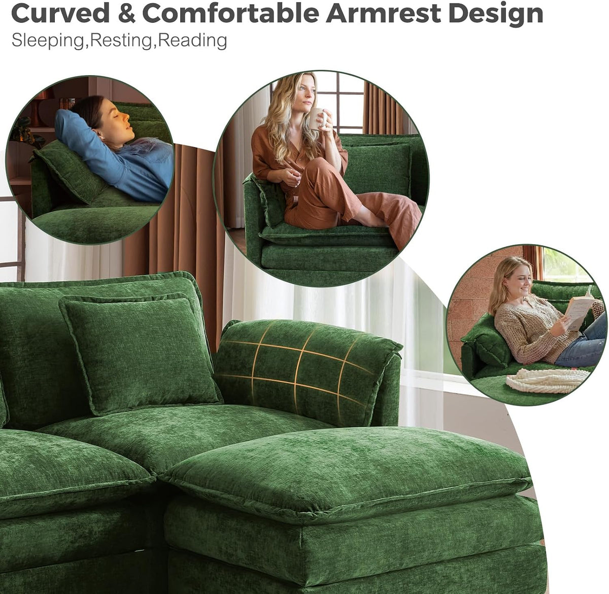ELUCHANG 113" Oversized Modular Sectional Sofa, Comfy Chenille Cloud Couch, 4-Seater L Shaped Modern Deep Seat Sofa w/Removable Covers for Living Room, Bedroom, DIY Combination - Green