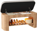 HOMEFORT 40.2" Fluted Storage Bench with Built-in LED Light, Flip-Top Shoe Bench with Cushioned Seat and Open Storage Shelf,Wood Accent Arched Bench for Entryway, Bedroom, Living Room, Natural Oak