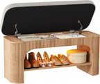 HOMEFORT 40.2" Fluted Storage Bench with Built-in LED Light, Flip-Top Shoe Bench with Cushioned Seat and Open Storage Shelf,Wood Accent Arched Bench for Entryway, Bedroom, Living Room, Natural Oak